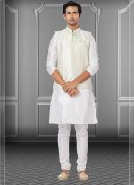 White Dupion Raw Silk Traditional Wear Weaving Kurta Pajama With Waistcoat