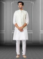 White Dupion Raw Silk Traditional Wear Weaving Kurta Pajama With Waistcoat