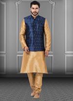 Navy Blue Dupion Raw Silk Traditional Wear Weaving Kurta Pajama With Waistcoat