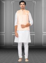 Peach Dupion Raw Silk Traditional Wear Weaving Kurta Pajama With Waistcoat