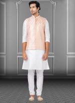 Peach Dupion Raw Silk Traditional Wear Weaving Kurta Pajama With Waistcoat