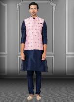 Pink Dupion Raw Silk Traditional Wear Weaving Kurta Pajama With Waistcoat