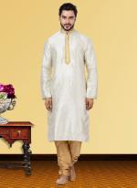 White Linen Silk Festival Wear Weaving Kurta Pajama