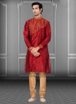 Red Embroidered Dhupion Festival Wear Weaving Kurta Pajama