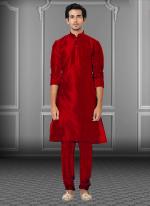 Red Dhupion Raw Silk Festival Wear Weaving Kurta Pajama