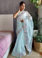 Sky Blue Organza Silk Party Wear Embroidery Work Saree