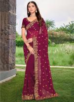 Wine Georgette Party Wear Embroidery Work Saree