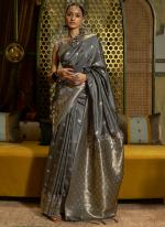 Grey Pure Satin Party Wear Handloom Saree