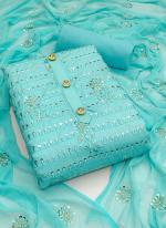 Sky blue Slub Cotton Traditional Wear Sequins Work Dress Material