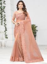 Peach Net Wedding Wear Coding Work Saree