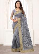 Grey Net Wedding Wear Resham Work Saree