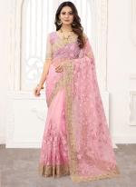 Pink Net Wedding Wear Resham Work Saree