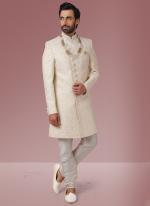 Cream Banarasi Silk Wedding Wear Embroidery Work Sherwani