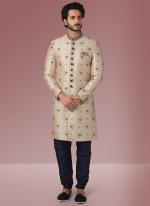 Gold blue Brocade Silk Wedding Wear Embroidery Work Sherwani