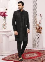 Black Art Banarasi Silk Wedding Wear Embroidery Work Sherwani