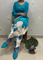 Sky Blue Cambric Cotton Party Wear Sequins Work Kurti With Patiyala