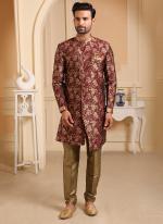 Maroon Brocade Silk Party Wear Jacquard Semi Indo Western