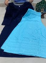 Navy Blue Pure Cambric Cotton Festival Wear Sequins Work Kurti With Sharara