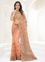 Peach Net Wedding Wear Resham Work Saree