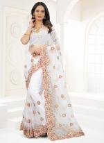 White Net Wedding Wear Resham Work Saree