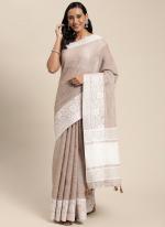 Brown Linen Casual Wear Embroidery Work Saree