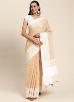 Peach Linen Casual Wear Embroidery Work Saree