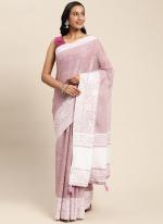 Pink Linen Casual Wear Embroidery Work Saree