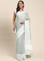 Sky Blue Linen Casual Wear Embroidery Work Saree