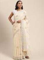 Cream Linen Traditional Wear Weaving Saree