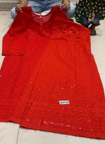 Red Cambric Cotton Party Wear Sequins Work Kurti With Sharara