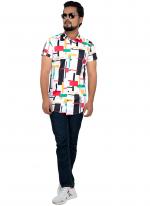 Off White Cotton Casual Wear Printed Work Shirt