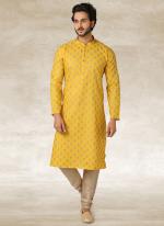 Yellow Cotton Traditional Wear Printed Work Kurta Pajama