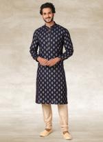 Navy blue Cotton Traditional Wear Printed Work Kurta Pajama