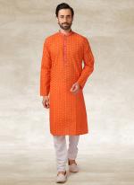 Orange Cotton Traditional Wear Printed Work Kurta Pajama