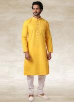 Yellow Cotton Traditional Wear Printed Work Kurta Pajama