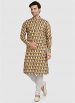 Yellow Cotton Festival Wear Printed Work Kurta Pajama