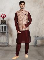 Cream Art Silk Traditional Wear Printed Work Kurta Pajama With Jacket