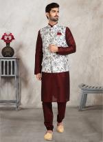 Off White Art Silk Traditional Wear Printed Work Kurta Pajama With Jacket