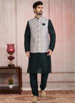 Off White Art Silk Traditional Wear Printed Work Kurta Pajama With Jacket