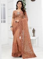 Peach Net Wedding Wear Embroidery Work Saree