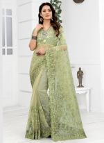 Pista green Net Wedding Wear Embroidery Work Saree