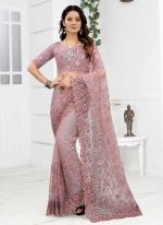 Purple Net Wedding Wear Embroidery Work Saree