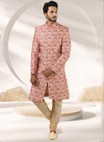 Cream Art Banarasi Silk Traditional Wear Printed Work Sherwani