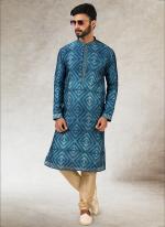 Blue Art Silk Traditional Wear Printed Work Kurta Pajama