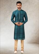 Teal green Art Silk Traditional Wear Printed Work Kurta Pajama