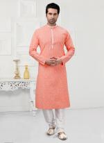 Light Pinkish Peach Traditional Wear Printed Work  Cotton Kurta Pajama
