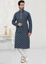 Navy Blue Traditional Wear Printed Work  Cotton Kurta Pajama