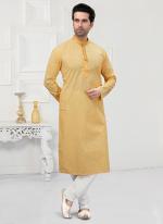 Light Yellow Traditional Wear Printed Work  Cotton Kurta Pajama