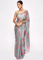 Aqua Blue Chinnon Party Wear Digital Printed Saree