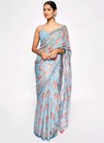 Ice Blue Chinnon Party Wear Digital Printed Saree